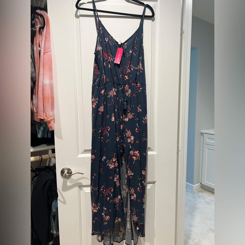 Navy Blue floral romper dress. Size L. Xhiliration brand